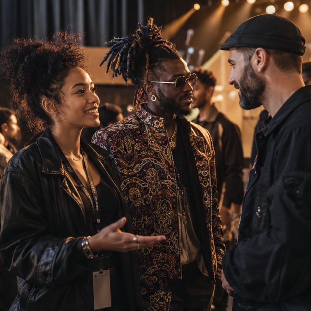 A city ambassador speaking with talent at a live event